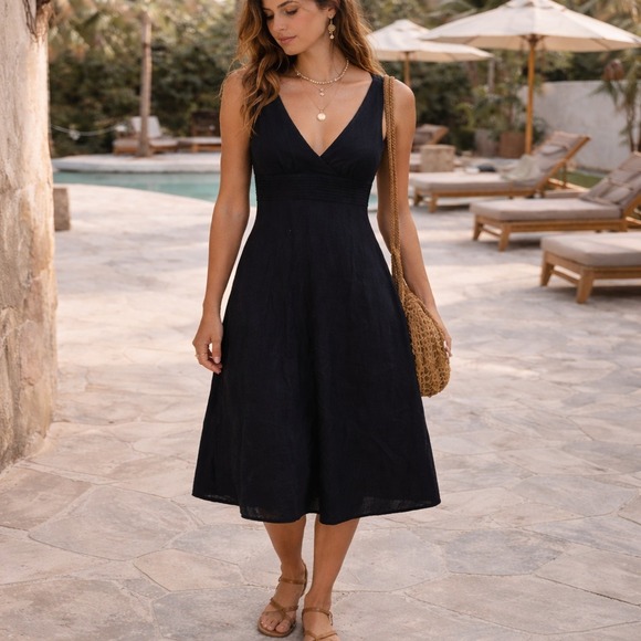 J. Crew Dresses & Skirts - J.Crew Black 100% Linen Sleeveless V-Neck Empire Midi Fit and Flare Dress Sz 12